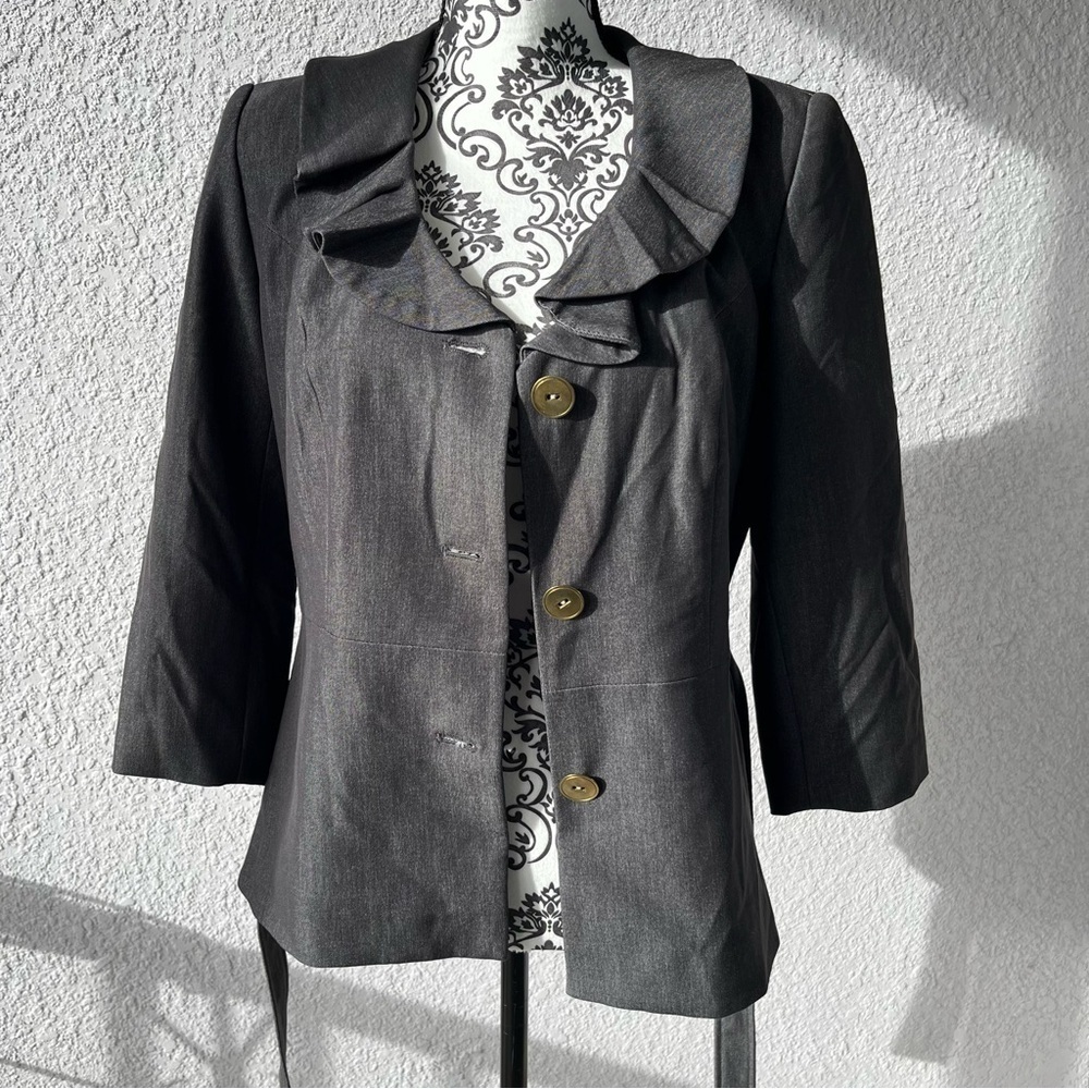 Grey Ruffle Blazer Jacket SZ 8 - Picture 7 of 10